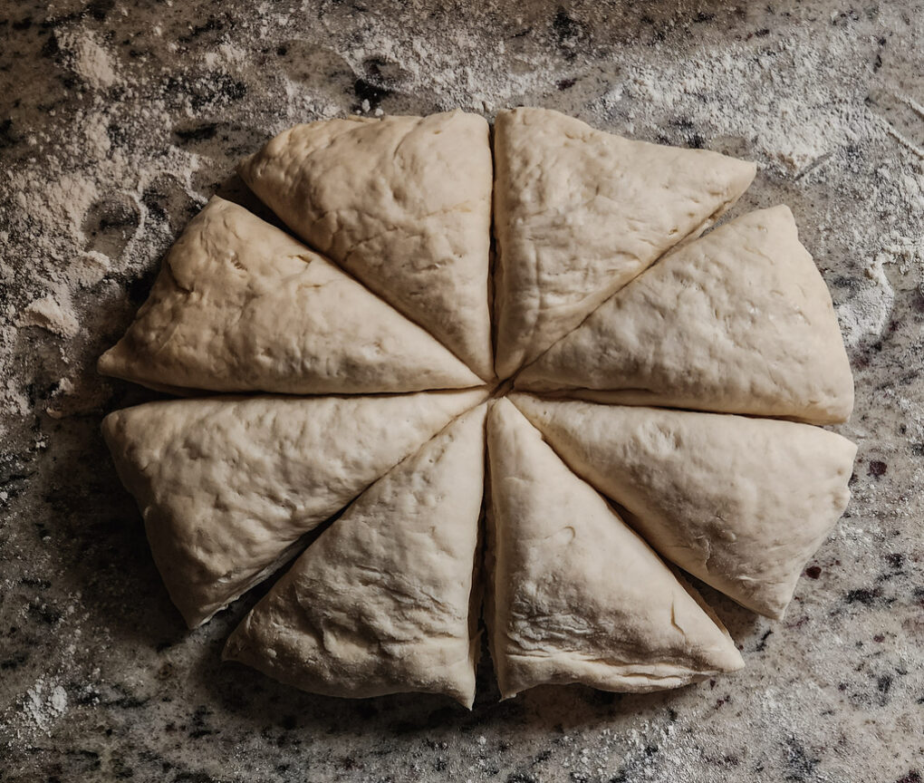 Naan bread dough, divided