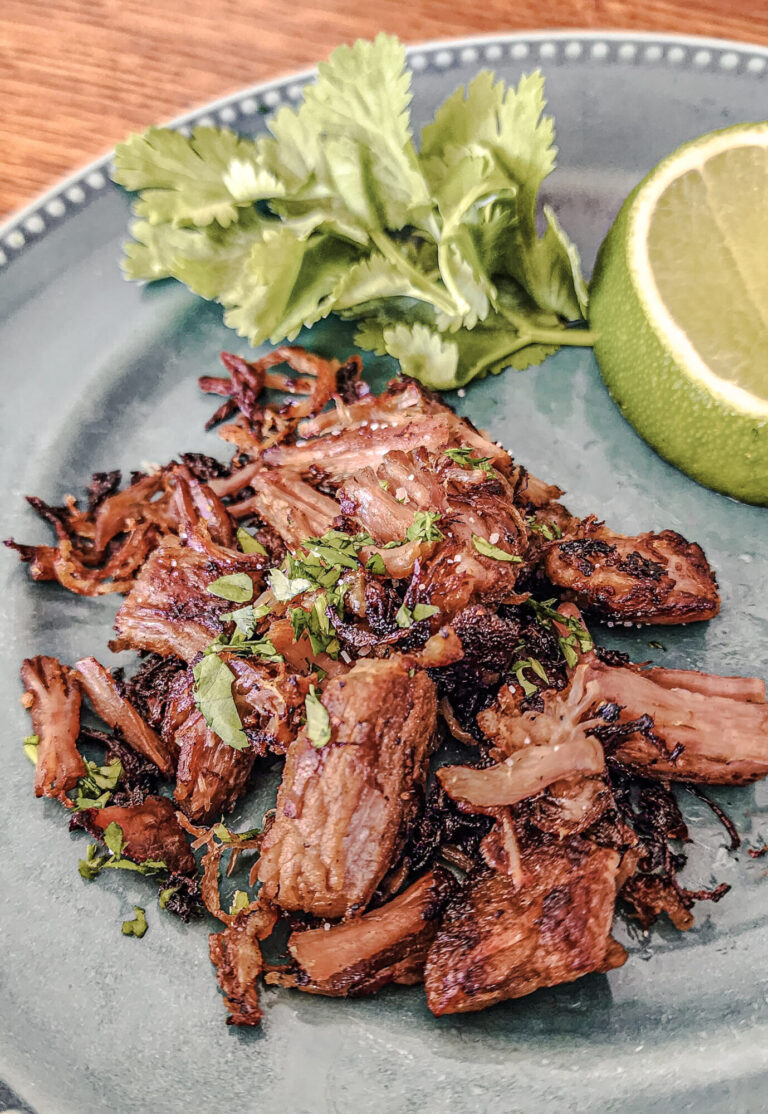 Freshly fried pork carnitas.