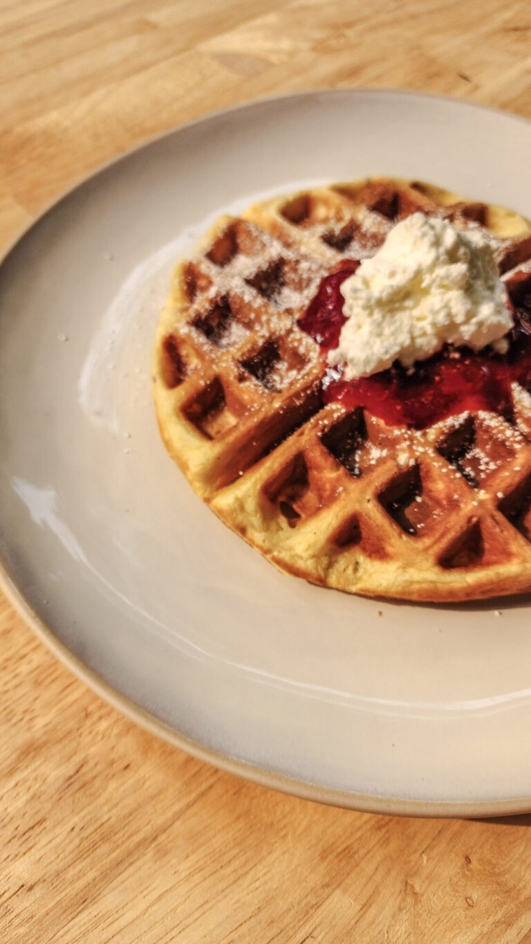 Brown Butter Waffles with Strawberry Compote and Whipped Cream