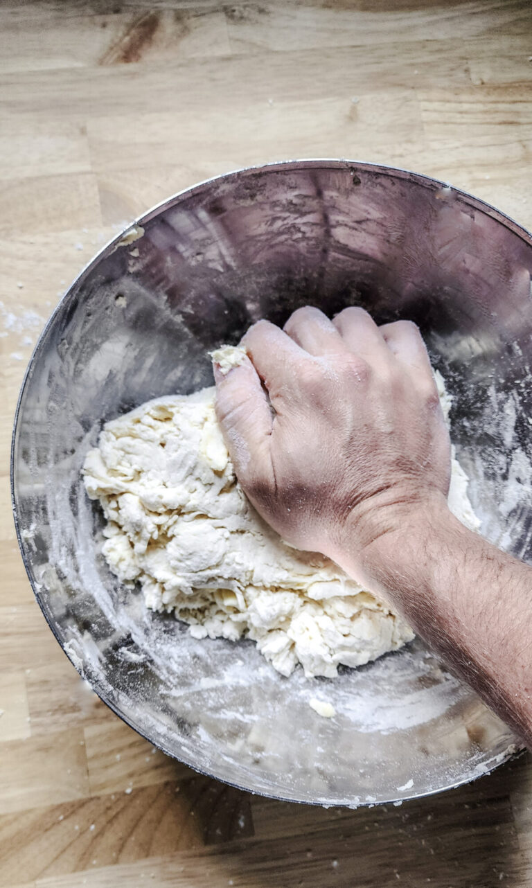 Knead together until buttermilk biscuit dough smooths out