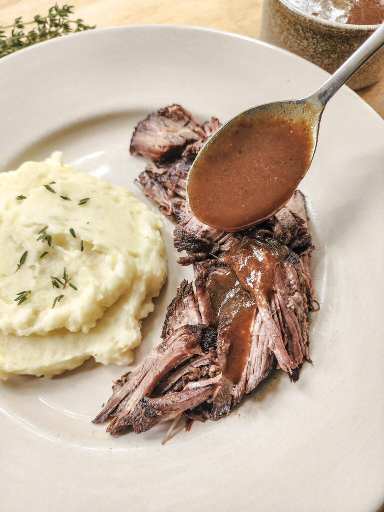 Red Wine Braised Pot Roast with Thyme Infused Mashed Potatoes