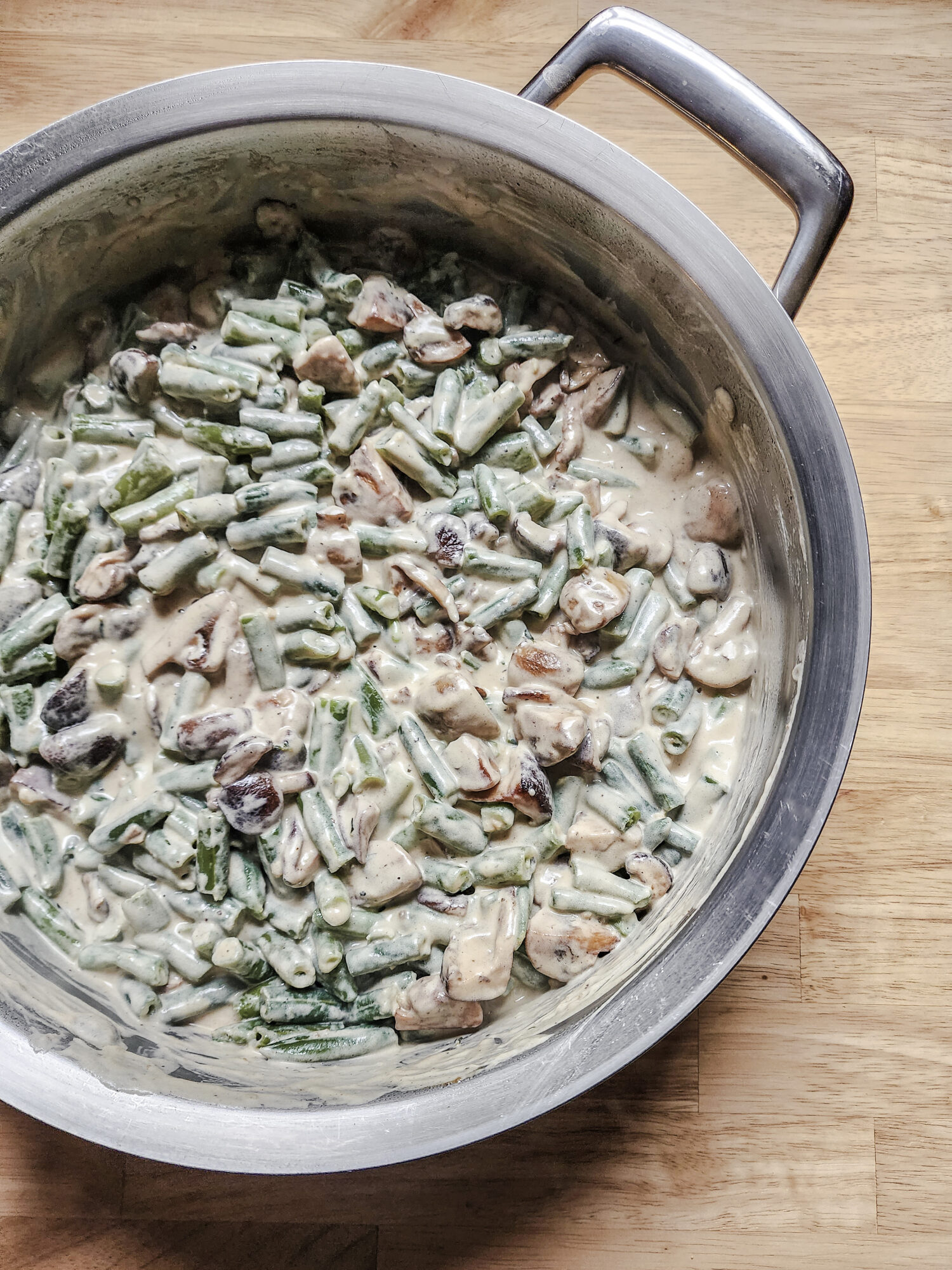 Green Beans folded into the Mixed Mushroom Gravy