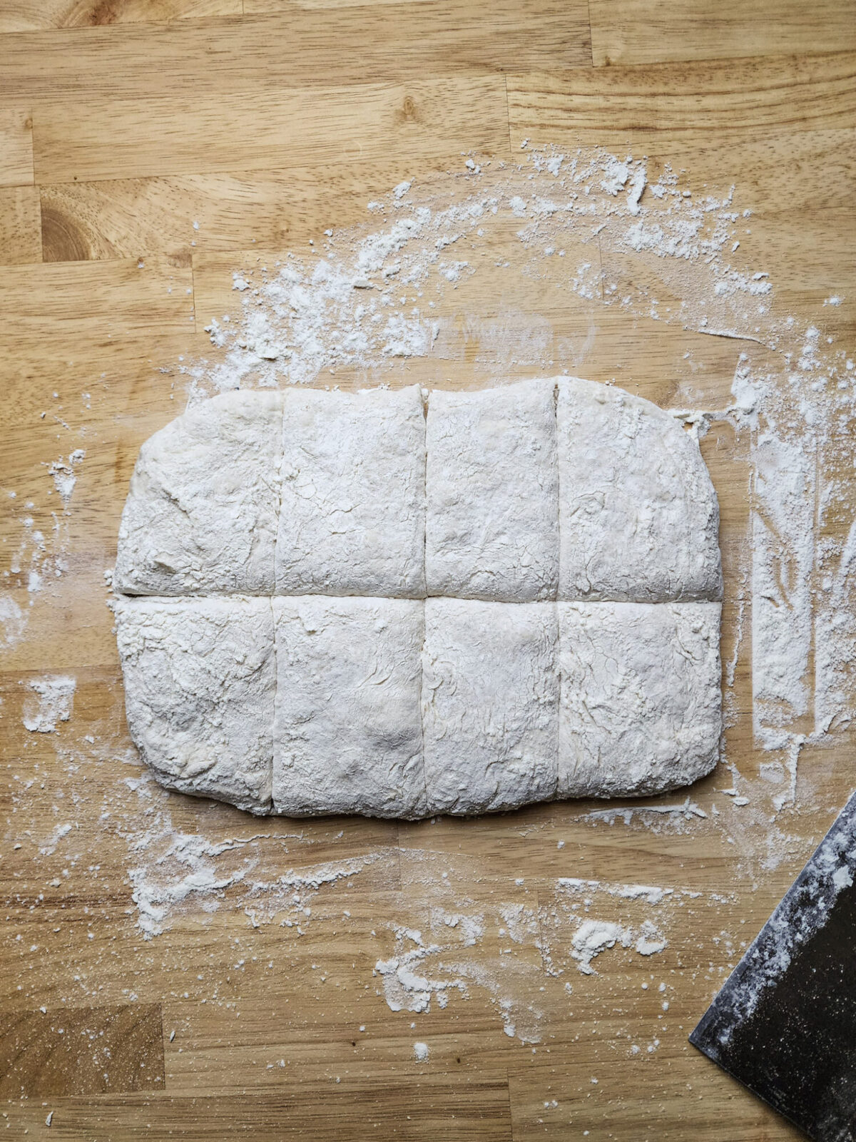 Ciabatta dough divided into 8 rolls