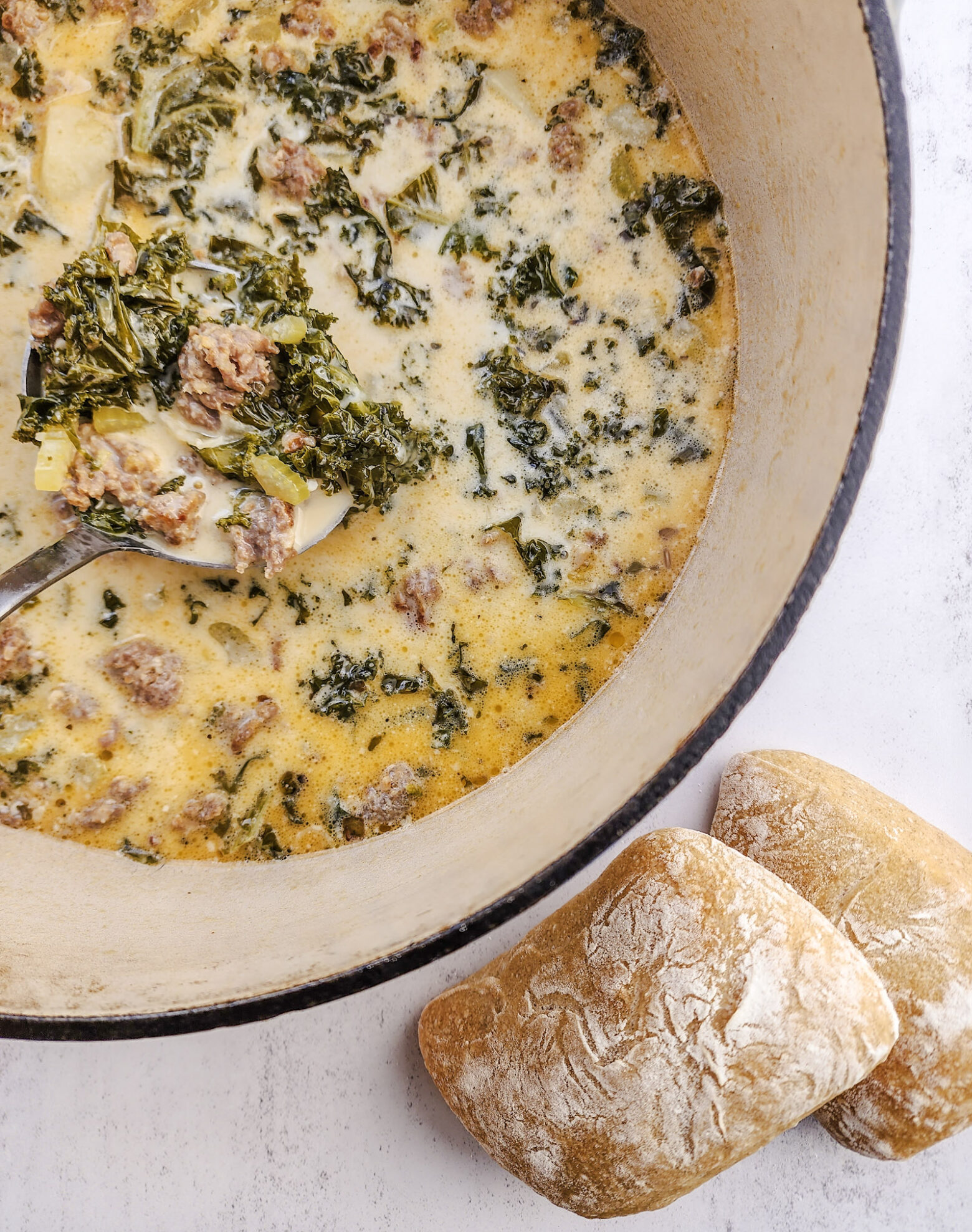 Rustic Zuppa Toscana with Ciabatta Rolls on the Side