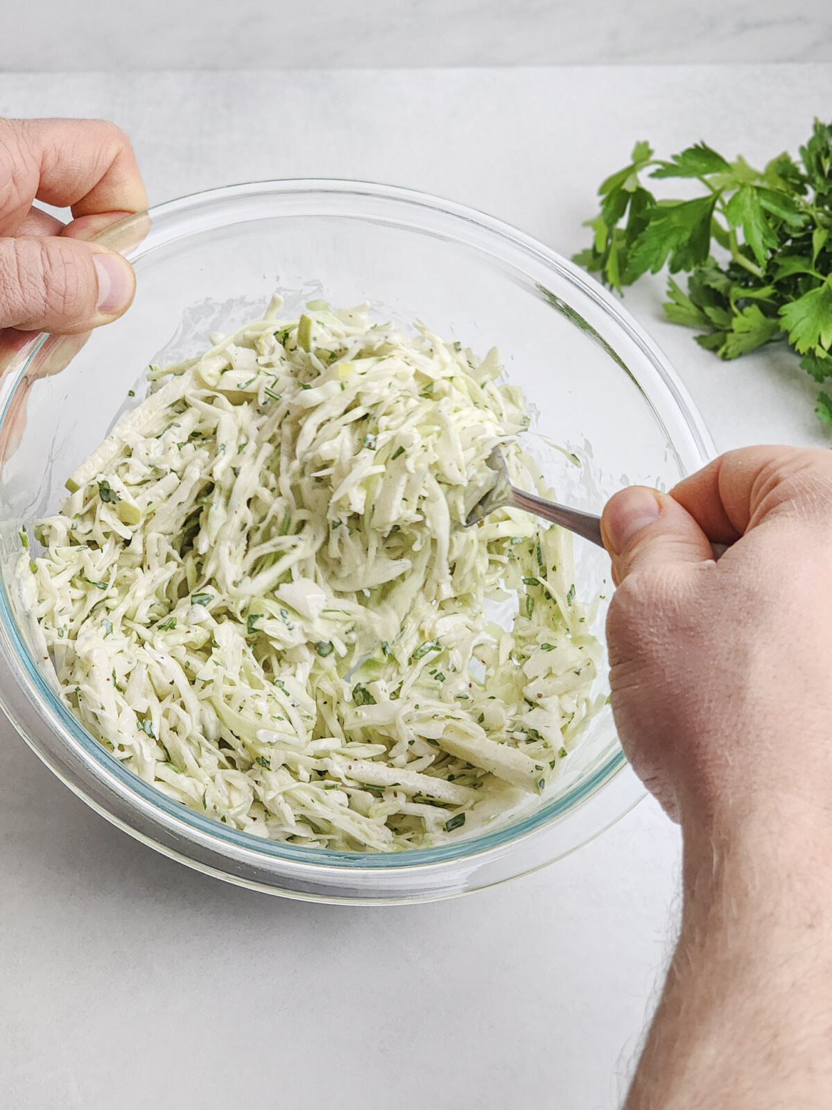 Mixing the Fresh Green Apple Slaw for Schnitzel Sliders