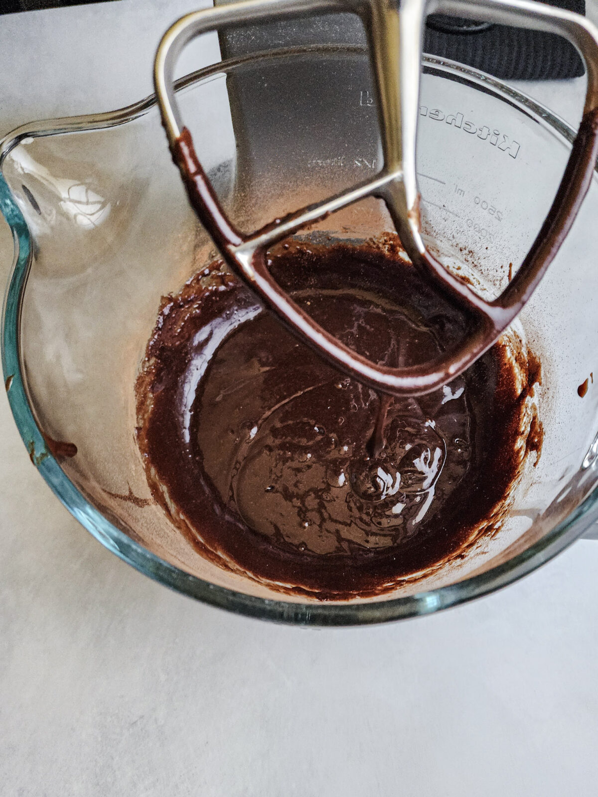 Mixing flourless German Chocolate cake ingredients to make the batter.