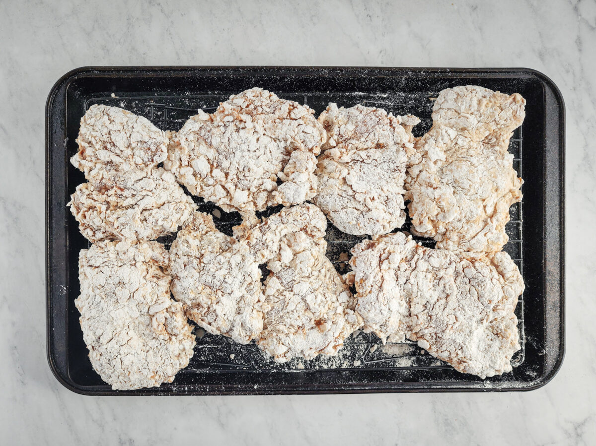 Breaded chicken ready to be fried