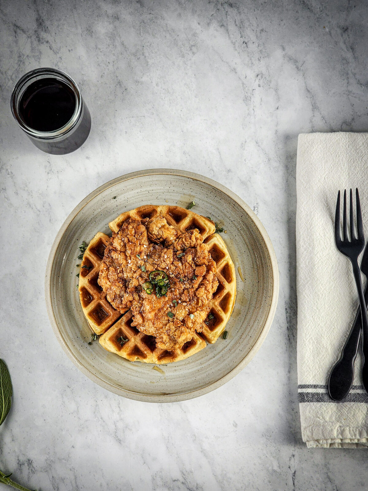 Sage Fried Chicken and Waffles with Hot Maple Syrup