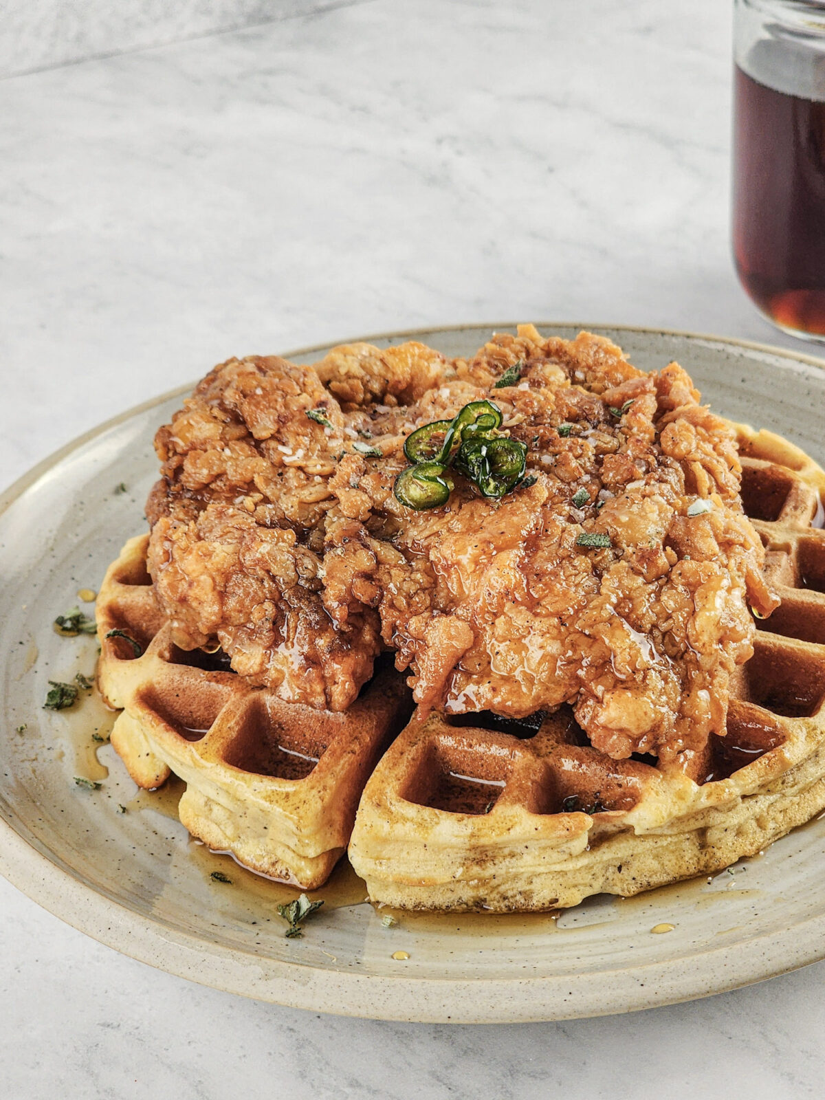 Sage Fried Chicken and Waffles with Hot Maple Syrup