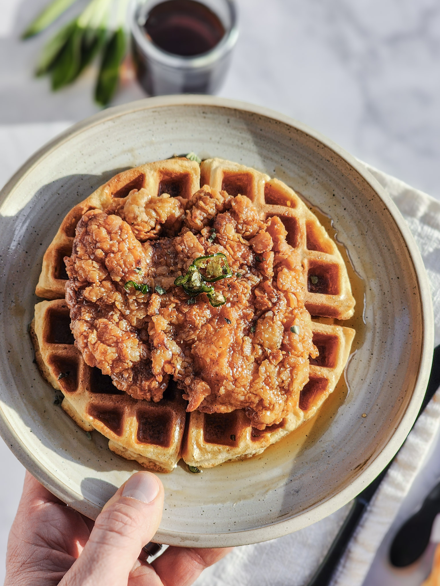 Fried Chicken and Waffles with Hot Maple Syrup