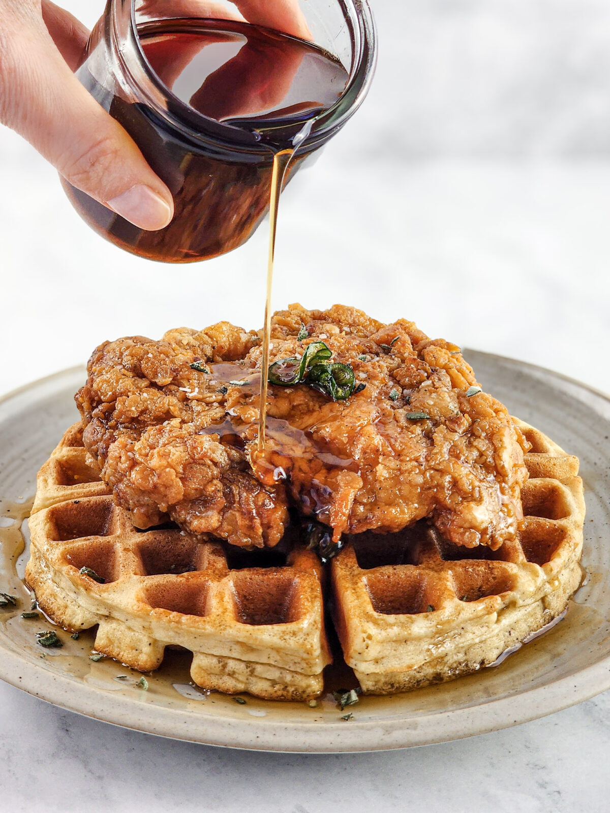 Sage Fried Chicken and Waffles with Hot Maple Syrup