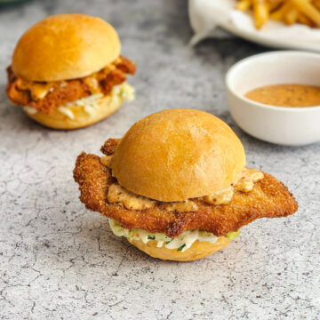 Chicken Schnitzel Sliders with Creamy Mustard Sauce and Green Apple Slaw