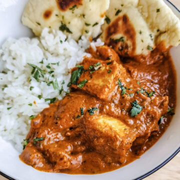 Homemade Paneer Tikka Masala with Basmati Rice and Homemade Garlic Butter Naan