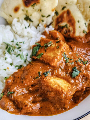 Homemade Paneer Tikka Masala with Basmati Rice and Homemade Garlic Butter Naan