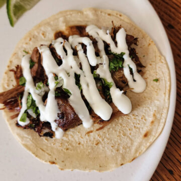 Mexican crema drizzled over a carnitas street taco.