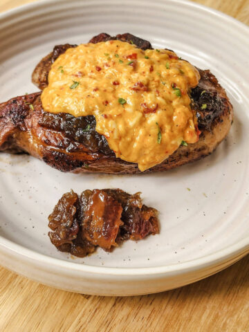 Reverse Seared Pork Chops with Bacon Jam and Pimento Cheese