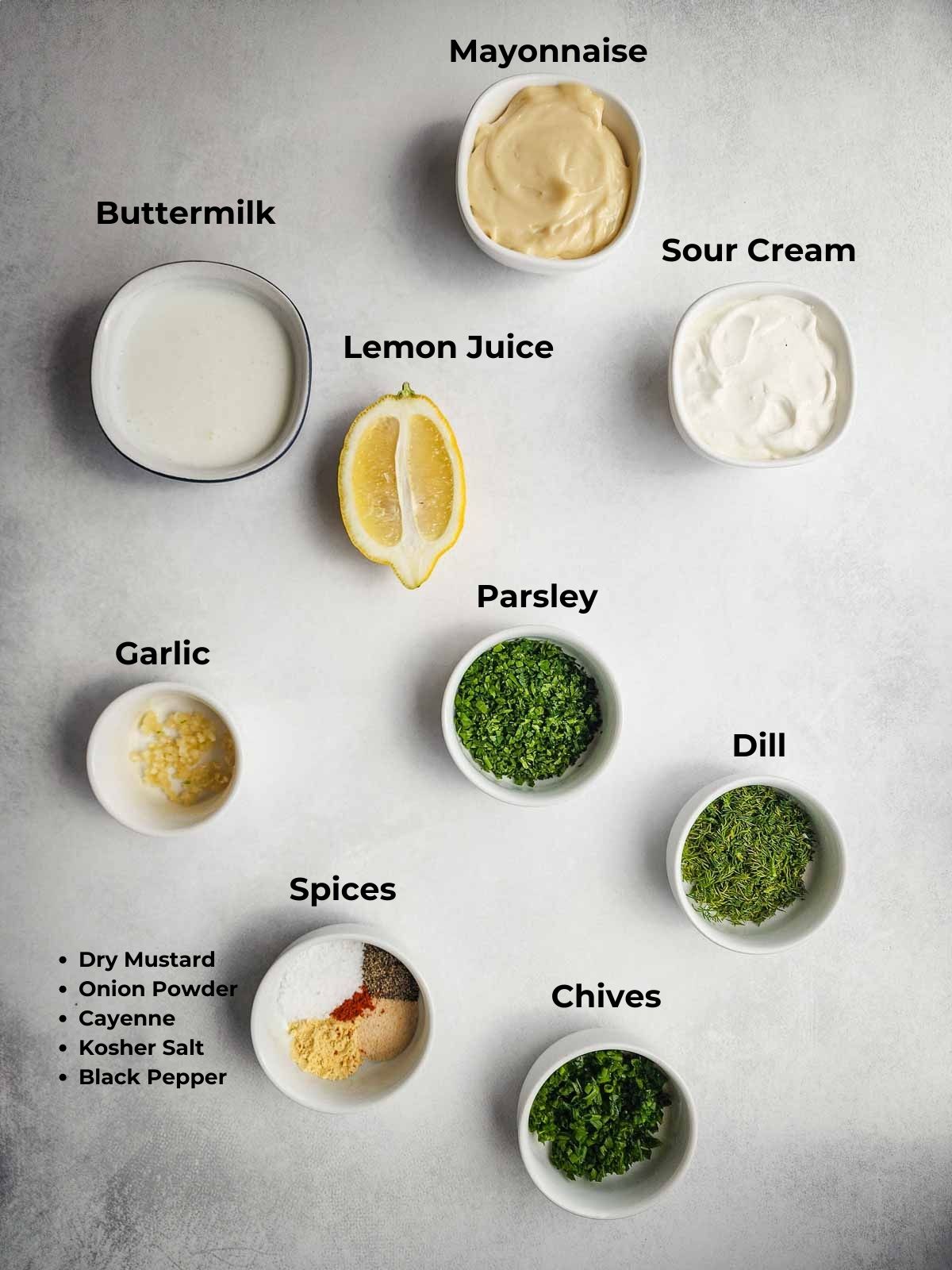 Ingredients for buttermilk ranch dressing.