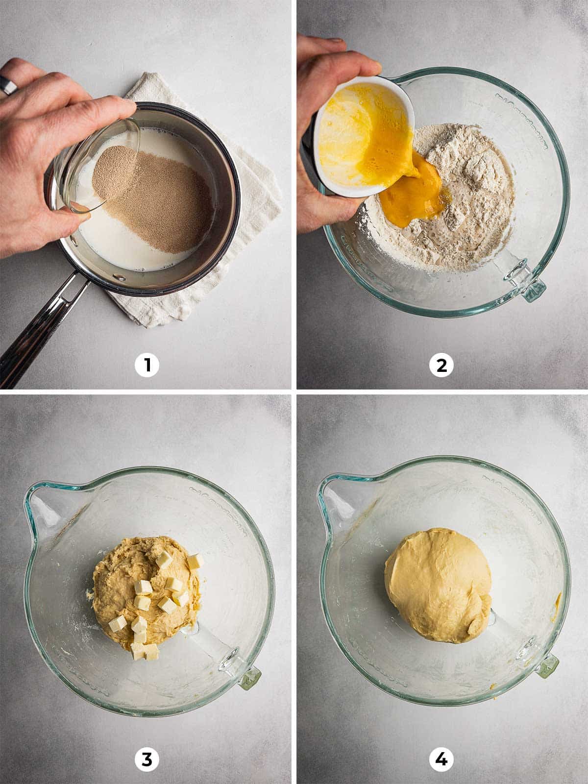 Collage showing yeast mixture, wet ingredients added to flour, butter added, and dough kneaded until smooth.