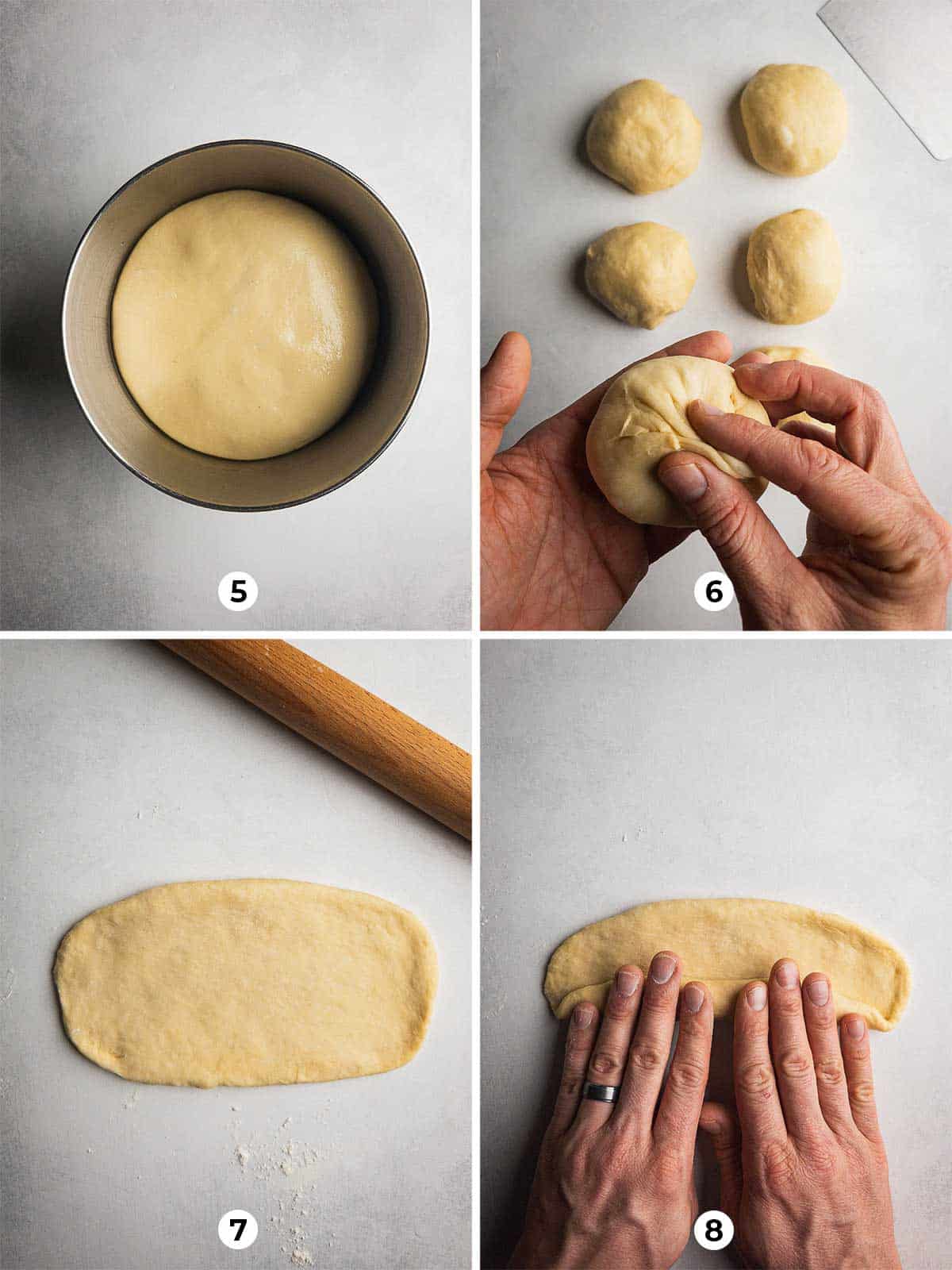 Collage showing sub roll dough after first rise, portioned dough balls, dough flattened, and rolling dough into a log.