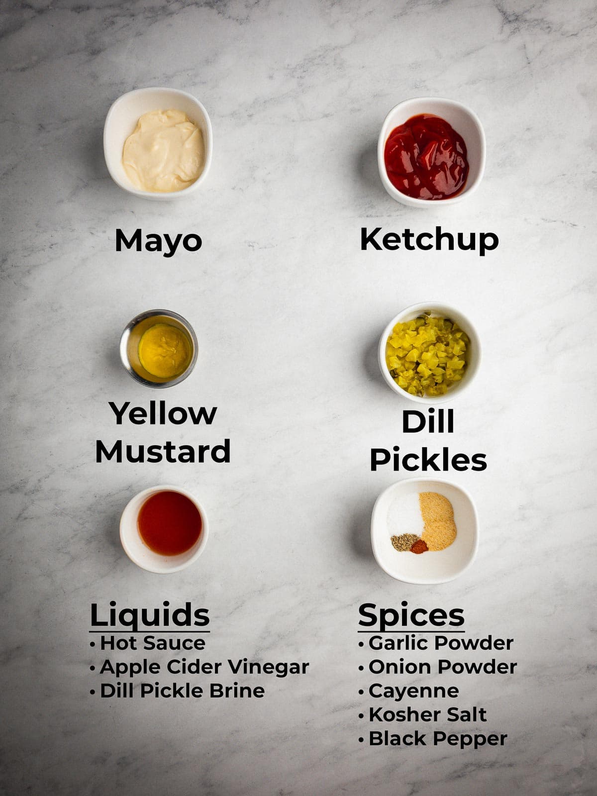 Ingredients for an easy burger sauce recipe in small containers on a counter top.